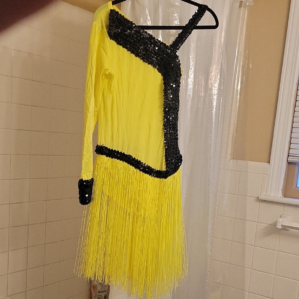 Yellow and Black Sequin Fringe Dress